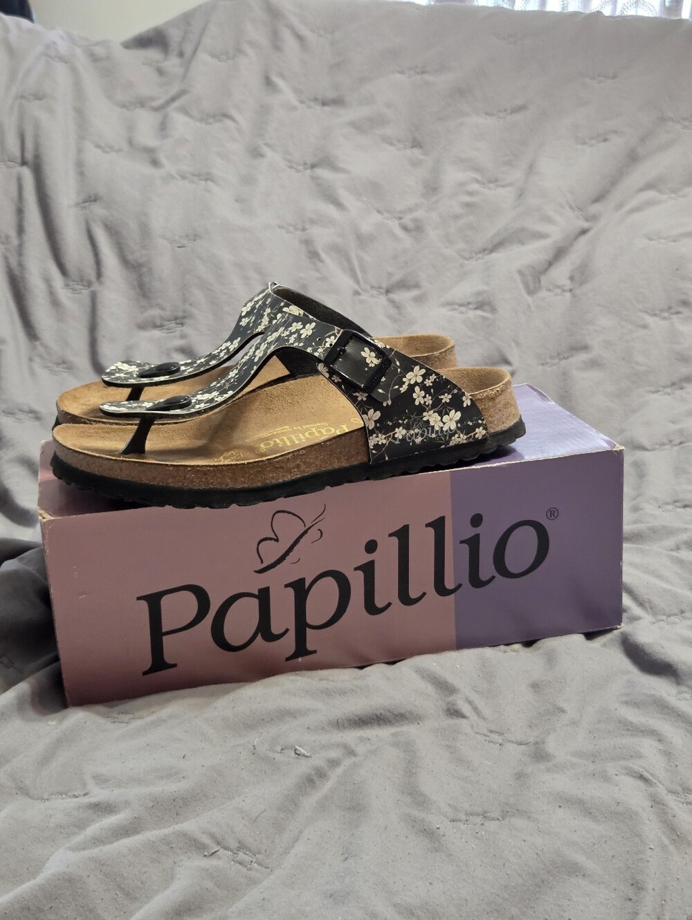 Birkenstock Papillio Gizeh Sandals Black White Floral Womens 6  Boho Classic